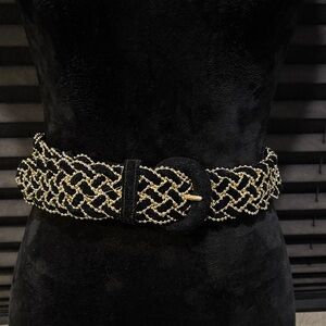 Amanda Smith Vintage Black Velvet & Gold Bead Woven 2” Wide Belt S/M 37”‎ Length
